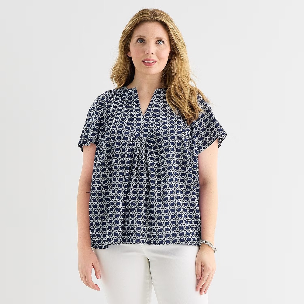 MSRP $38 St. John's Bay Womens XL Petite Navy Knots V Neck Blouse Short Sleeve